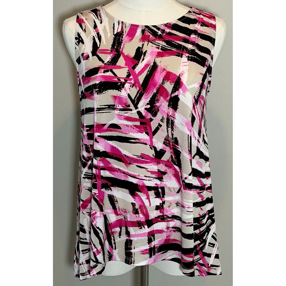 Kasper Petite PS Abstract Print Round Neck Sleeveless Tank Top Pink Black